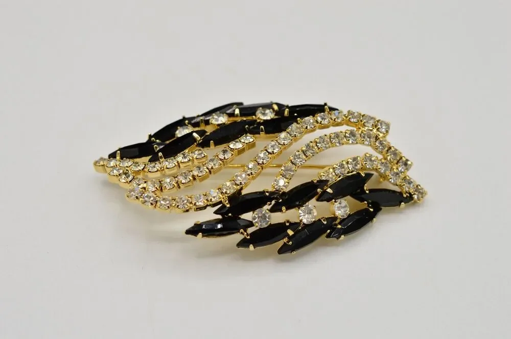 Vintage Prong Crystal Pin Brooch Marquise Rhinestone Black Chunky 1960s BinV